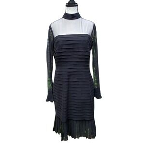 Roland Nivelais Women Silk Tiered Cocktail Dress Size 12 Black Sheer Long Sleeve